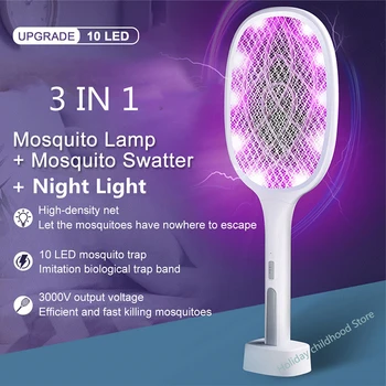 10LED Pasce Mosquito Killer Lampy Elektrické Muchy Plácačka USB Nabíjateľné Lete Komár Pasce Raketa Proti Hmyzu Chybu Zapper 3000V