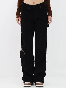 Tlačidlo Vysoký Pás Y2K Cargo Nohavice Ženy Vrecká Šitie Rovno Cargo Nohavice Vintage Bežné Black Streetwear Nohavice 2022